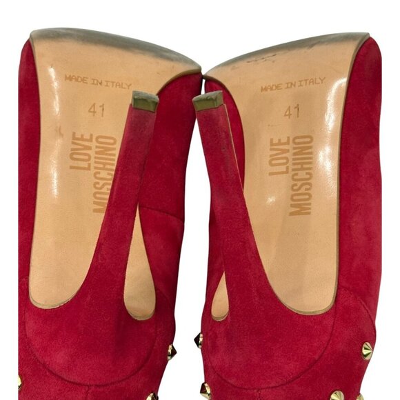 Love Moschino Red Suede Stiletto Pumps Gold Studs Heart 4" Heels Size 41 / US 11 - Picture 7 of 15